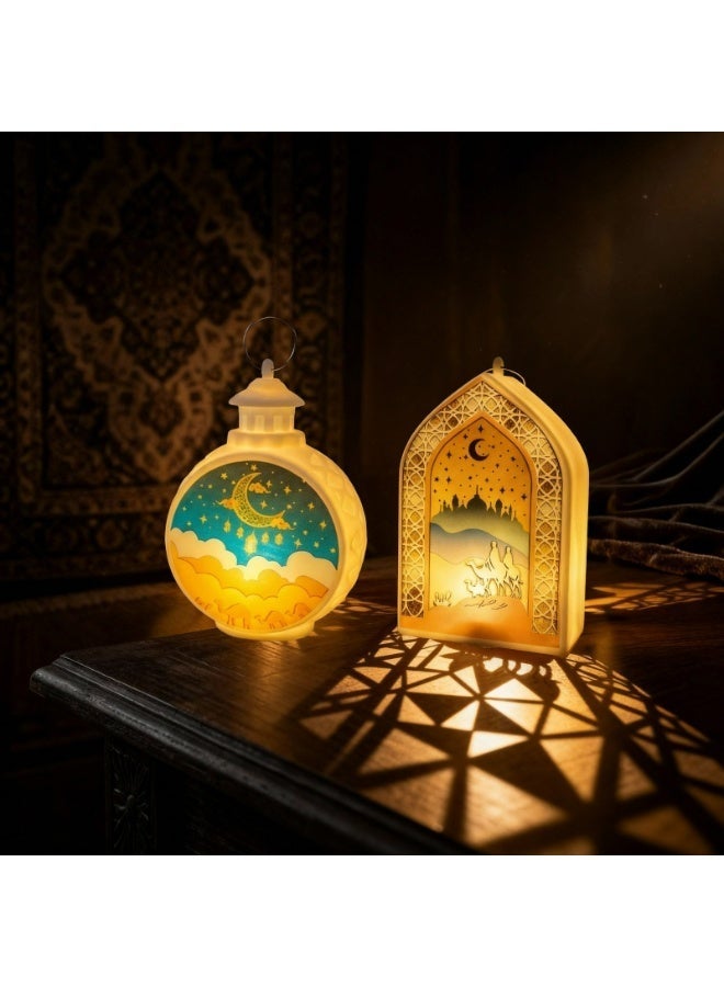 طقم فوانيس رمضان ليد 3 قطع – يشمل شكل الهلال، الأرك الإسلامي، والكرة الدائري – إضاءة ديكور للمنزل والتعليق (12 × 8 سم) - Image 5